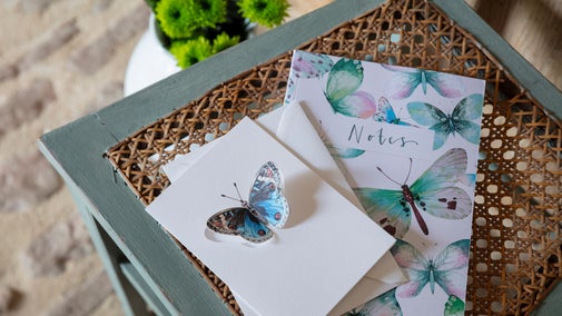 A butterfly card and butterfly print on a notepad, part of the retail SS25 collection